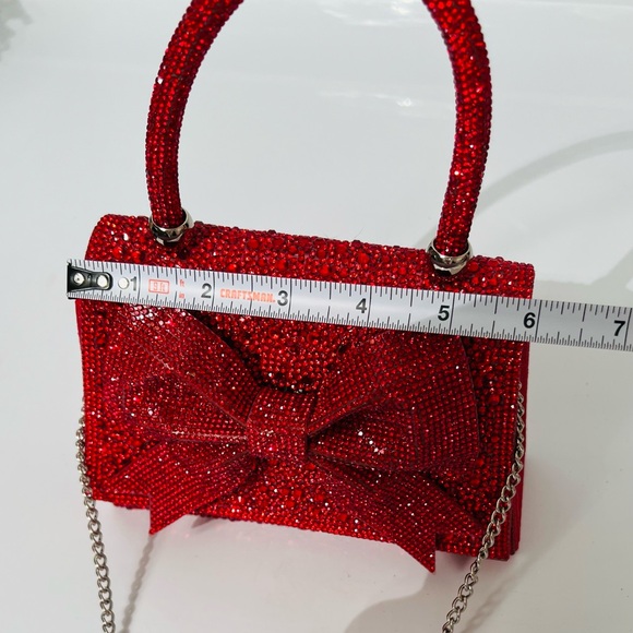 Red Rhinestone Studded Top Handle Large Bow Evening Bag - Picture 15 of 15